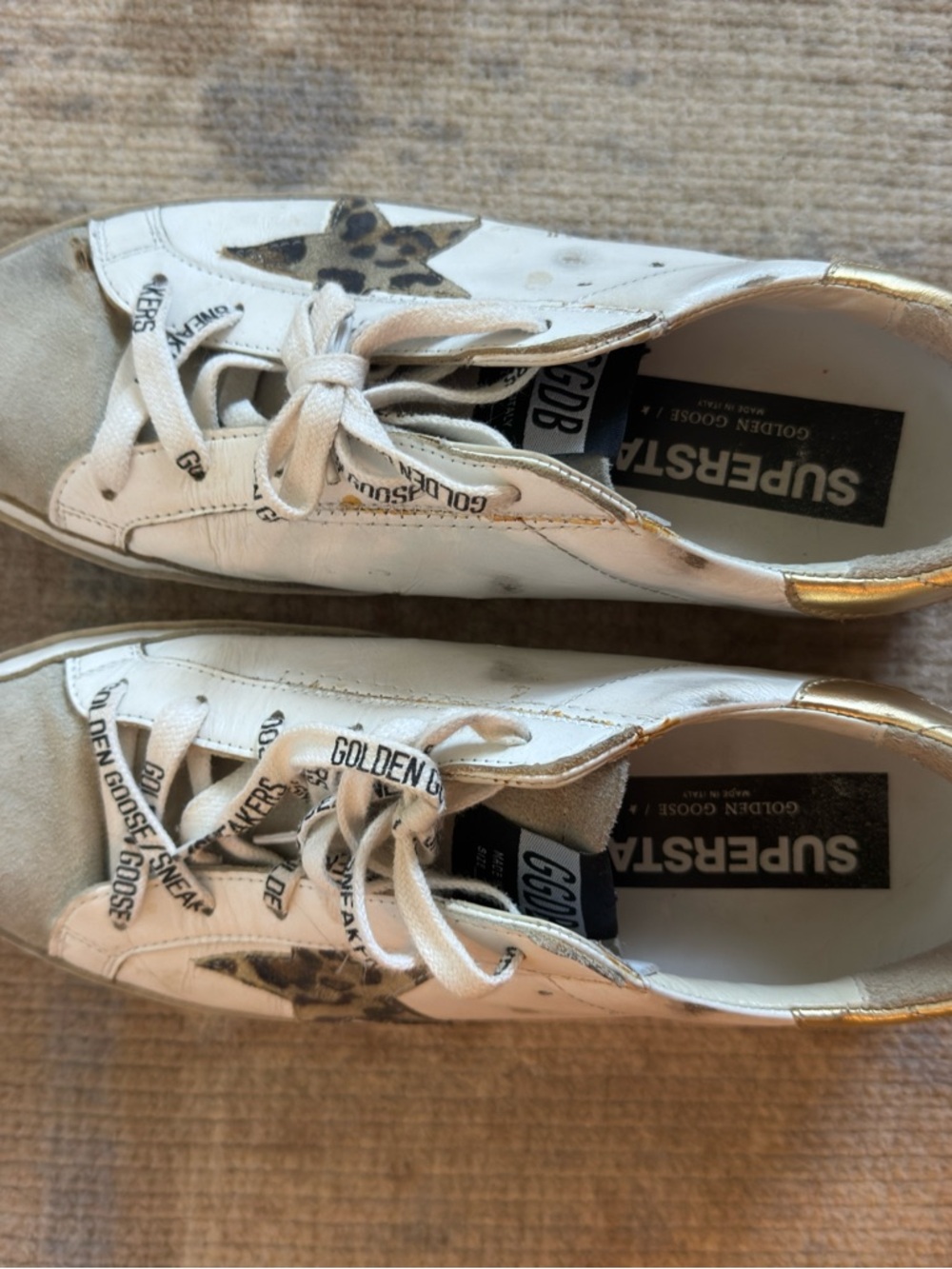 Golden Goose White Leather Sneakers with Leopard Star and Gold Heel